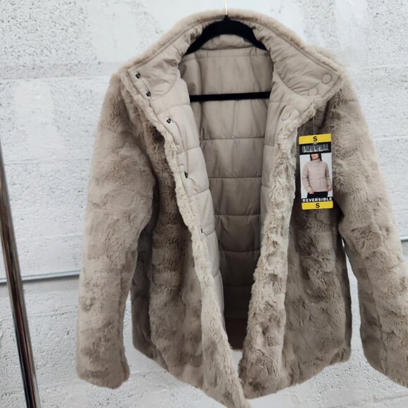 NWT Nicole Miller Reversible Faux Fur Puffer Jacket Tan Size Small - Picture 10 of 16